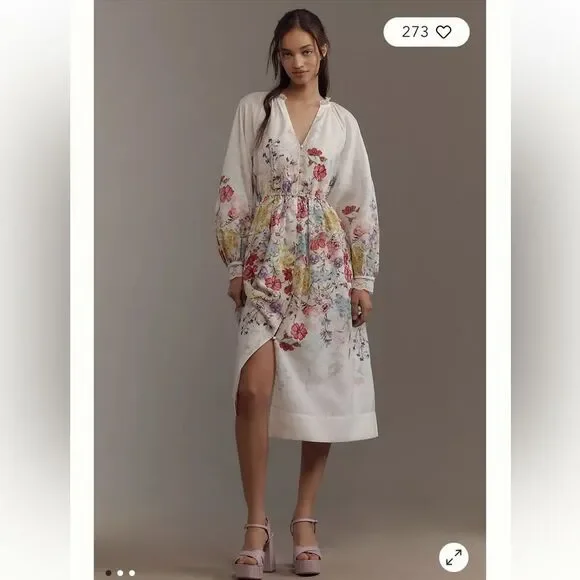 Anthropologie Let Me Be Long-Sleeve V-Neck Floral A-Line Midi Dress
